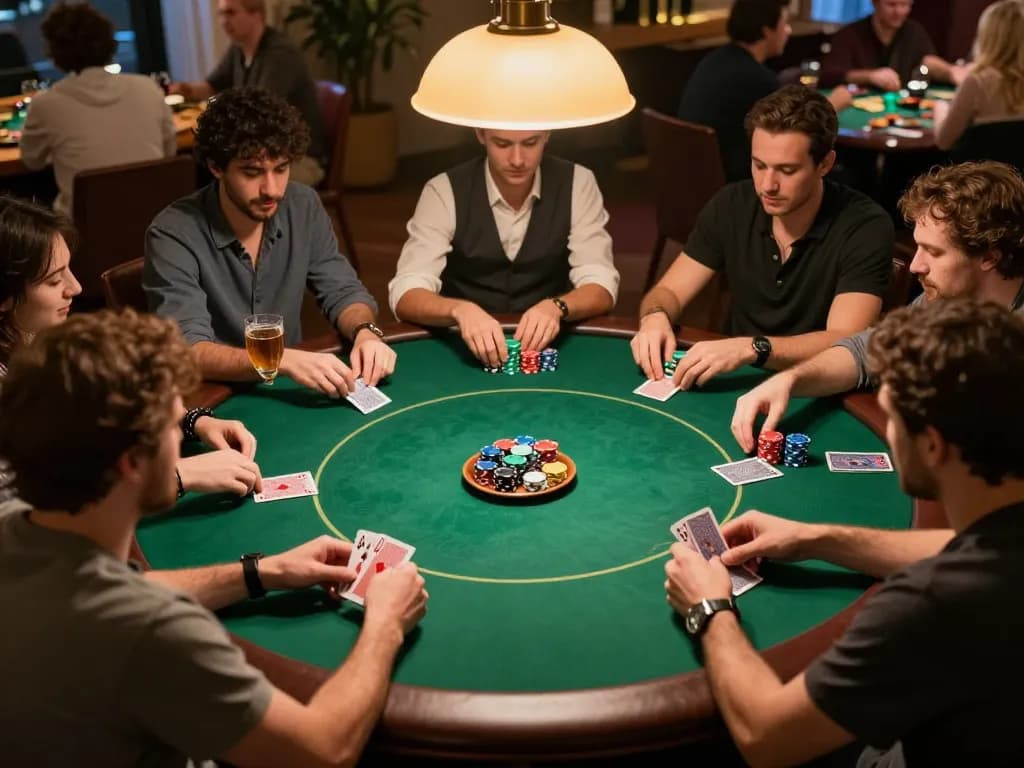 Players engaged in a thrilling poker game at home, showcasing the enjoyable experience at https://mb668.co/ with chips and cards.
