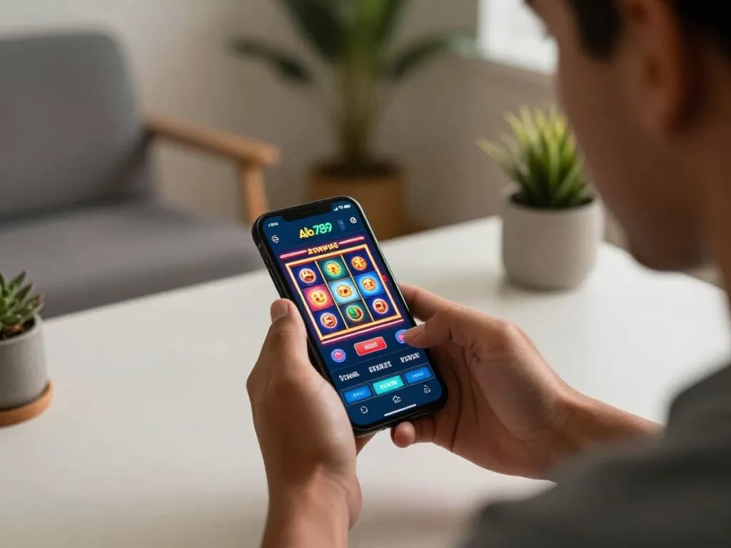 Alo 789 player enjoying online slots on mobile device, highlighting excitement and engaging gaming experience.