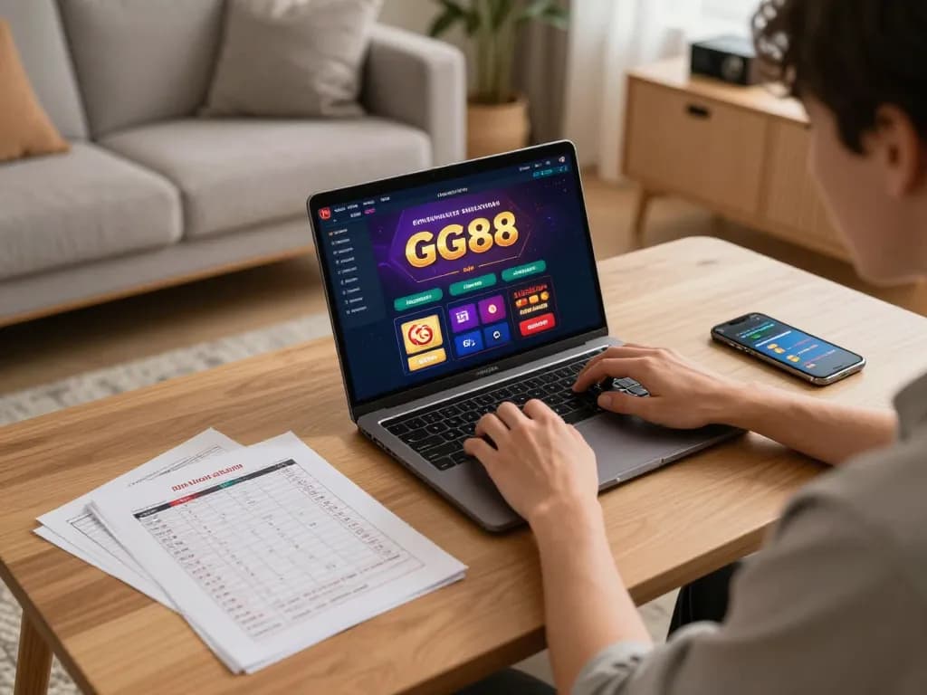 Player engaging with the GG88 casino app in a cozy home setup, focusing on online gambling strategy.