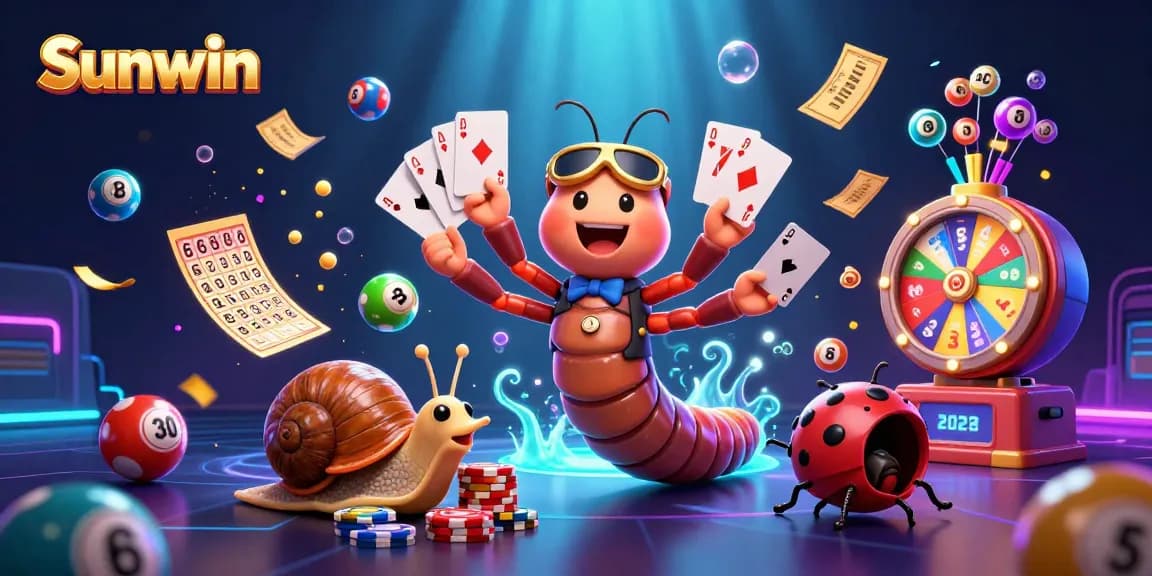 Sunwin offers exhilarating gameplay with a 3D cartoon millipede dealer surrounded by a vibrant gambling atmosphere showcasing chips and lottery elements.