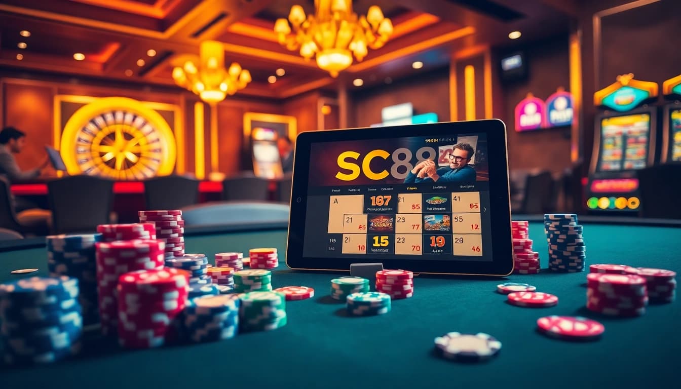 Experience SC88's thrilling casino environment with poker chips, cards, and dice on a vibrant gaming table.