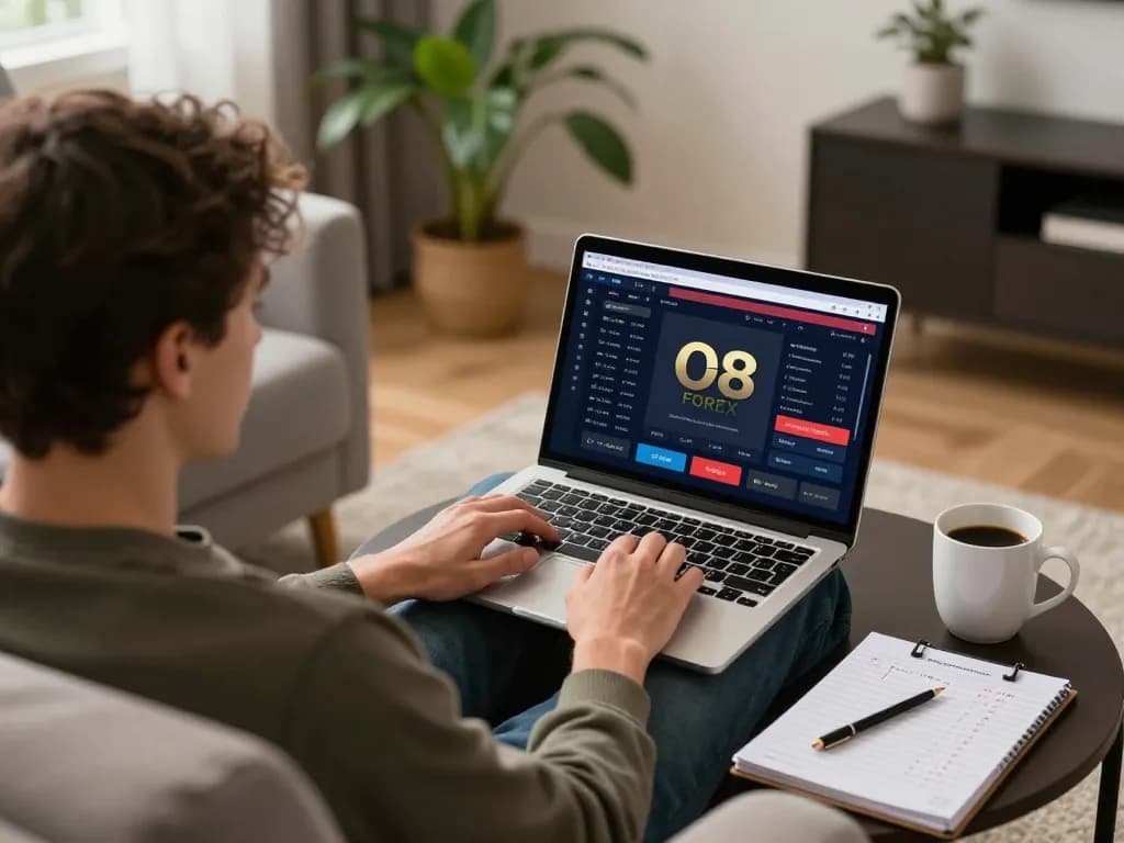 Engaging online gaming scene featuring O8 FOREX interface on laptop, cozy home setup