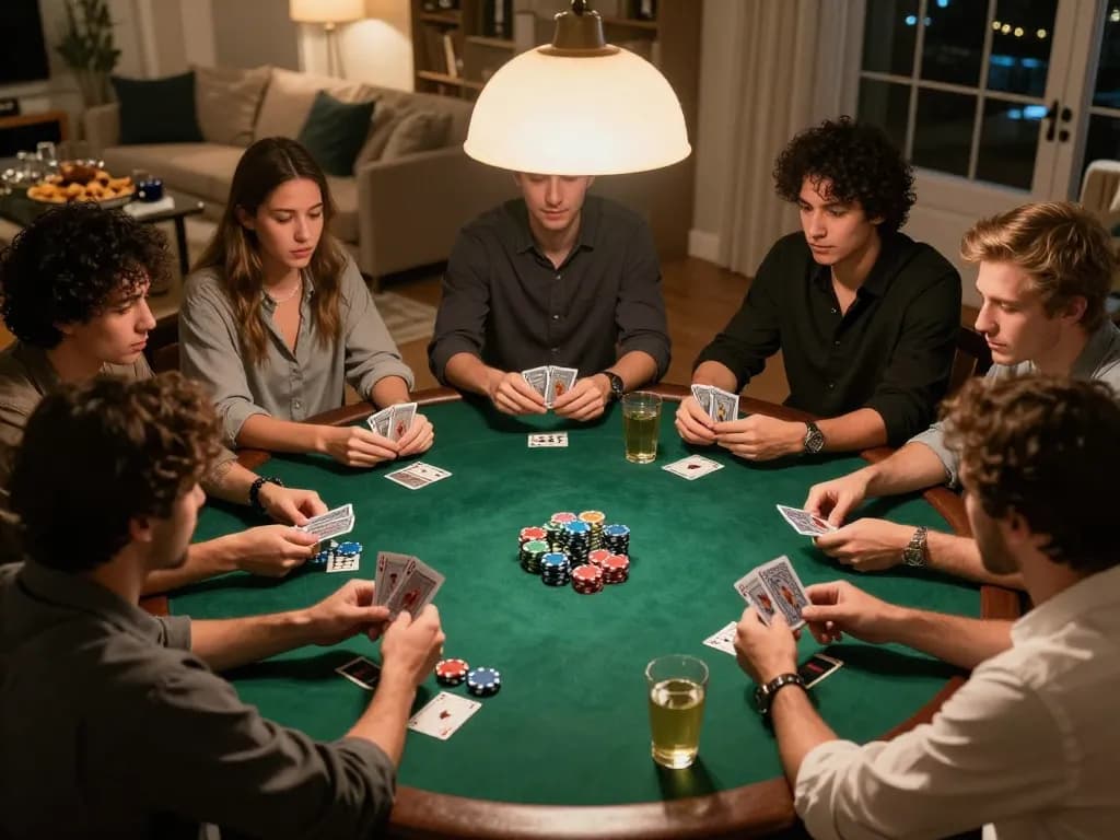 Friends playing poker at home in a cozy atmosphere with SV388 gaming app visible.