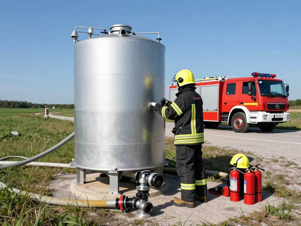 Löschwasserzisterne 50 m³ an einem Industriestandort mit einem Feuerwehrmann, der die Notfallwasserversorgung sicherstellt.