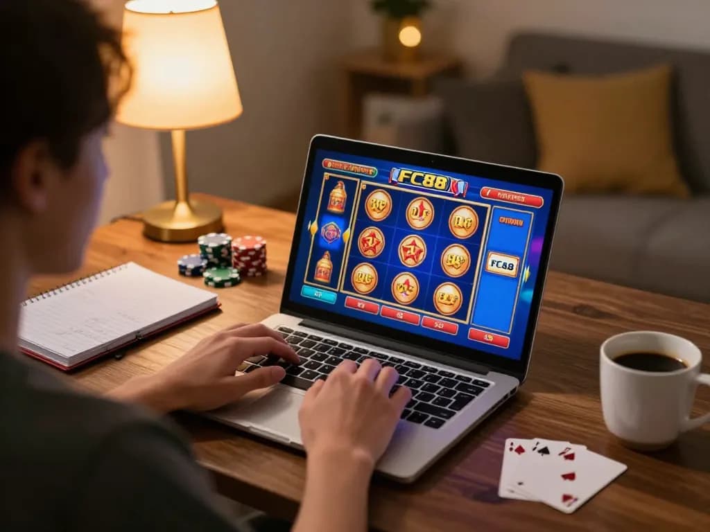 Engaging online gambling scene playing FC88 slots on a laptop with warm inviting atmosphere.