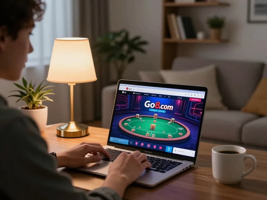 Engaging with Go8 com platform in a cozy home gaming setup with laptop.
