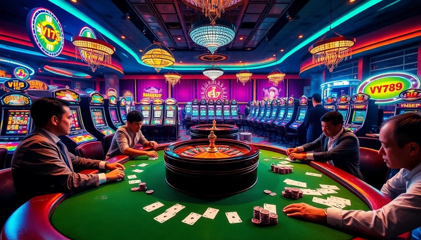 Intense poker action at VN789 casino table with colorful chips and cards.