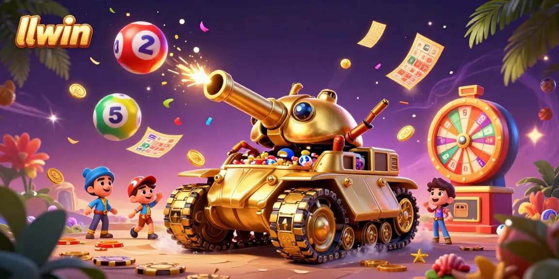 Engage in llwin's vibrant casino experience with colorful lottery balls and confetti.