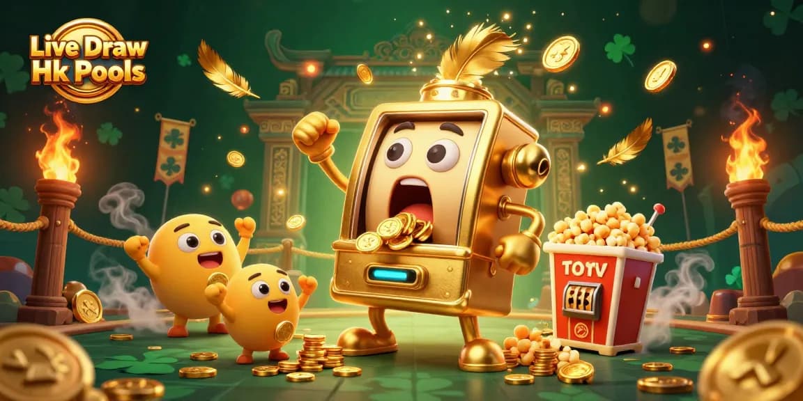 Engage with exhilarating Live Draw Hk Pools, featuring a joyful golden slot machine celebrating its jackpot amidst golden particles and vibrant casino elements.