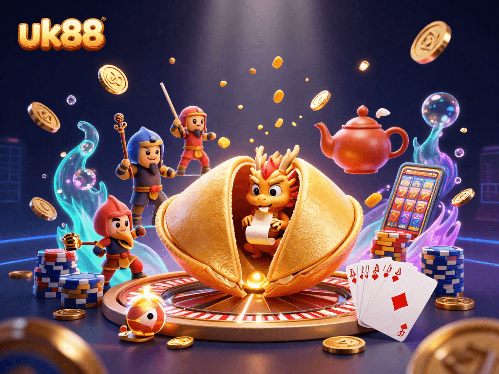 Engage with exciting uk88 gaming opportunities as the dragon reads fortune rolls amid cascading coins.