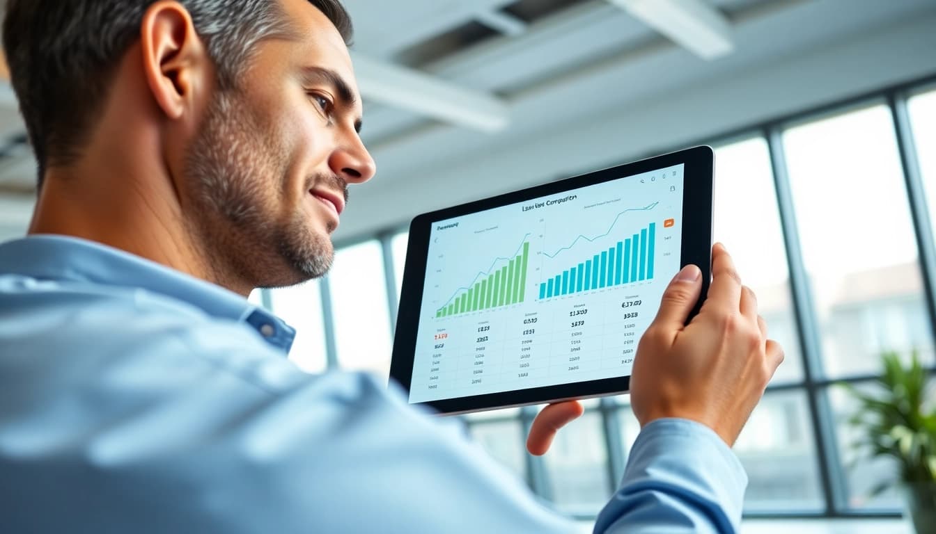Kreditvergleichsrechner auf einem Tablet in einem modernen Büro analysiert