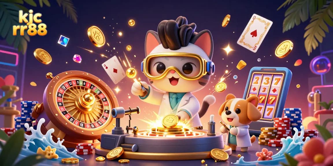 Engage in thrilling gaming with kjc rr88 amidst golden coins and vibrant casino elements.