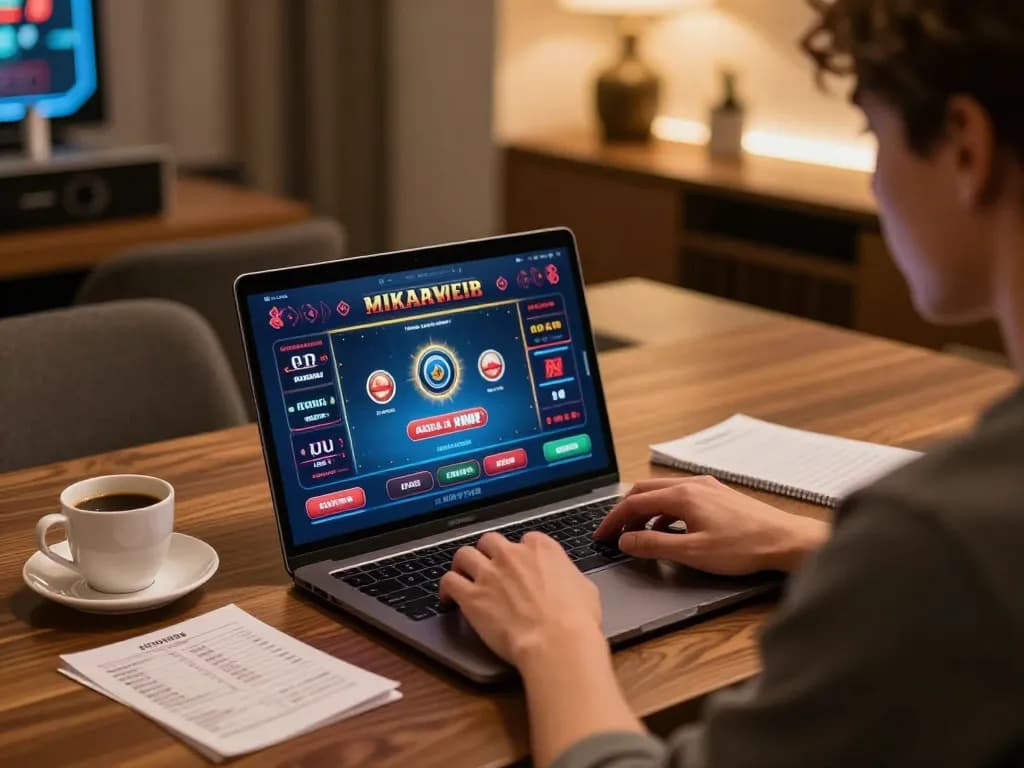Engaging online gaming session at Nhà cái SC88 with player focusing on casino laptop interface amidst strategic notes.