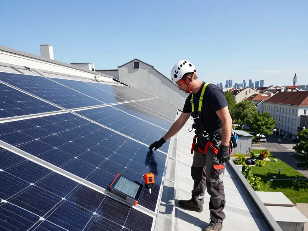 Installation Szene Photovoltaik Wien, die einen Solarpanel-Experten zeigt, der ein Dachsystem in Wien bewertet.