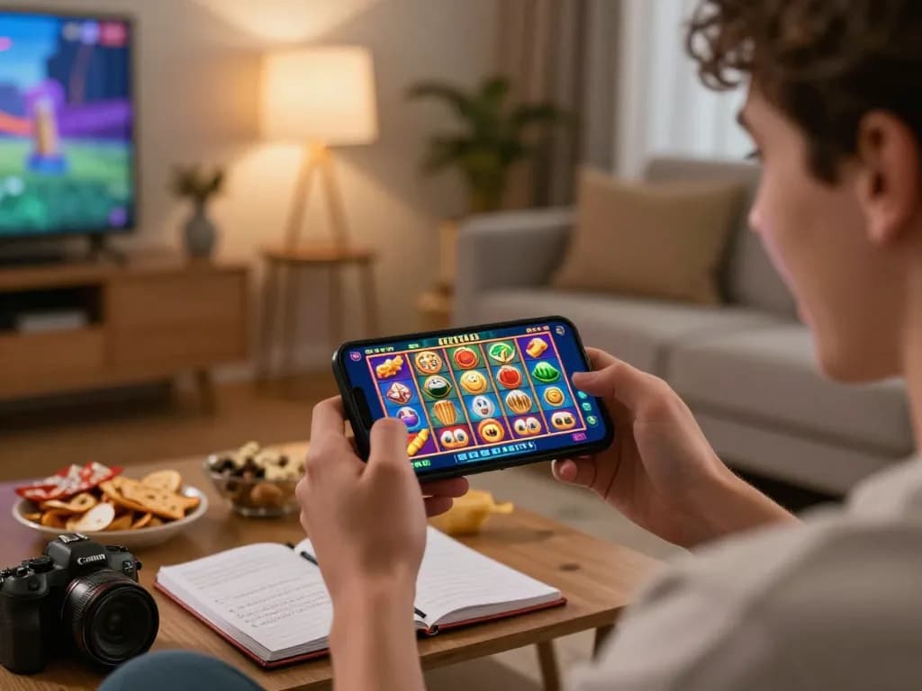 Player enjoying an exciting slot online experience on mobile in a cozy home