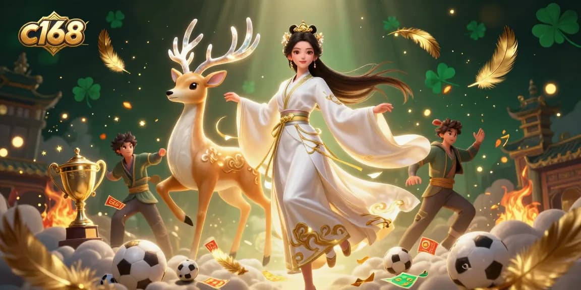 C168's thrilling sports betting scene featuring an ethereal Asian woman and a celestial deer among vibrant particles.