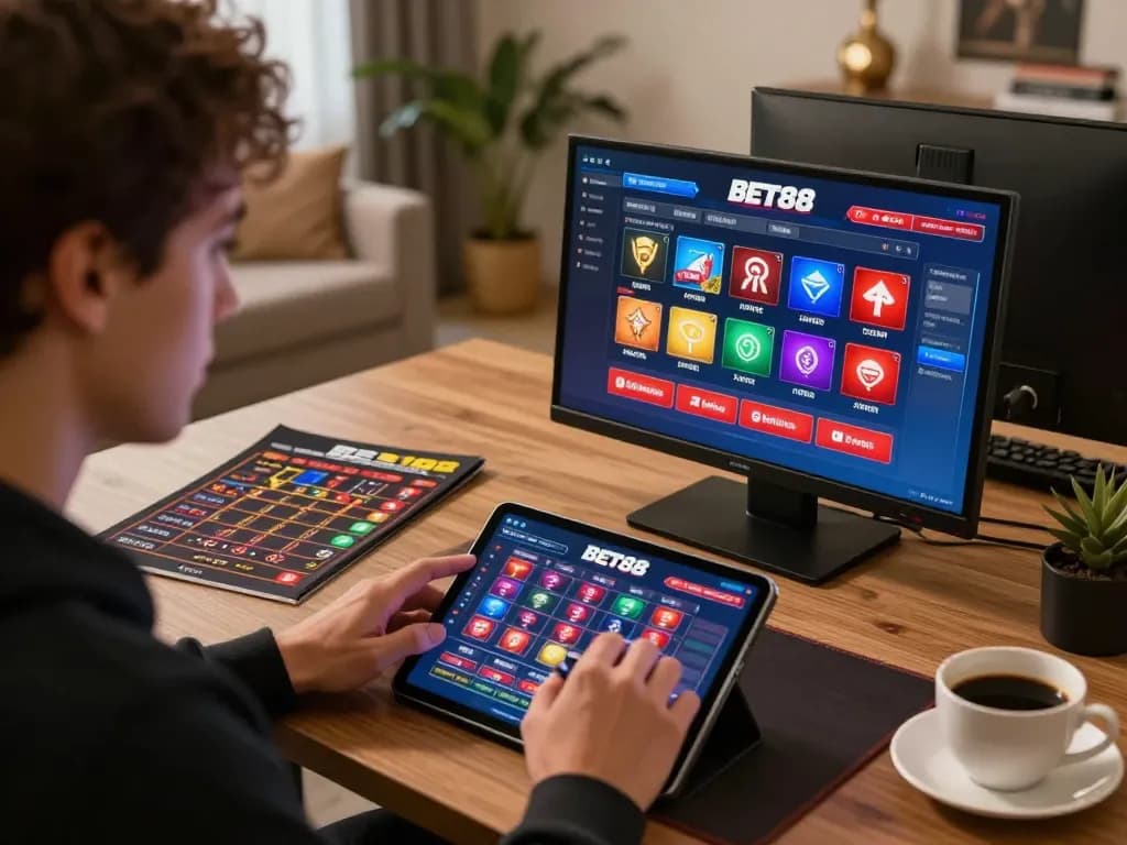 Engagement in BET88 online gaming on tablet, showcasing strategic betting at home