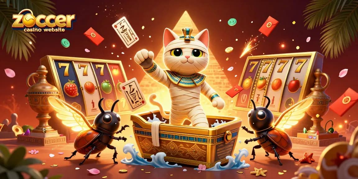 Spiele mit der Zoccer Casino-Website auf einer lebhaften Illustration mit einer ägyptischen Katze und Casino-Elementen.