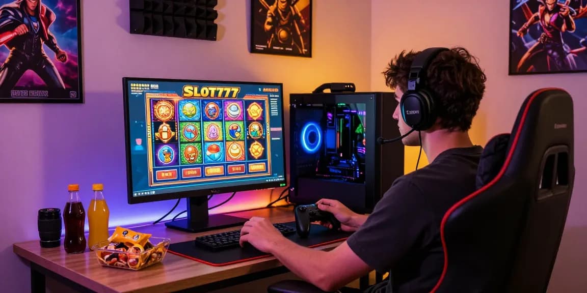 Penggemar bermain Slot777 di setup gaming modern, menikmati pengalaman slot online yang menyenangkan.