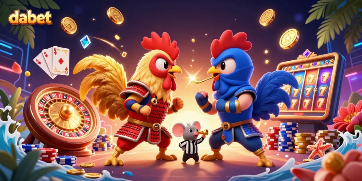 Bet on dabet while witnessing fierce rooster combat amidst dynamic casino elements.