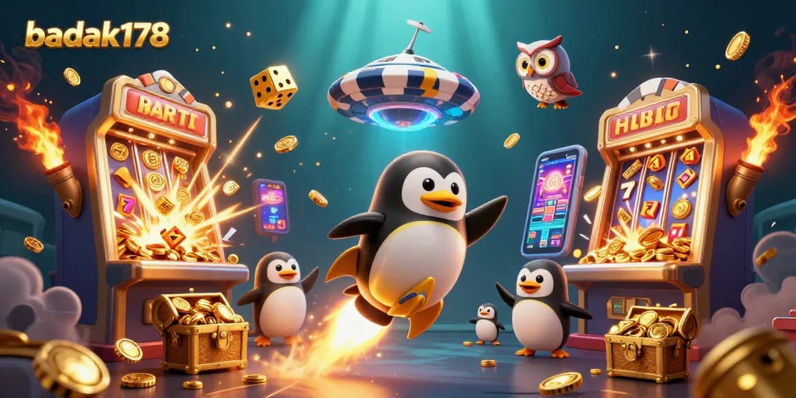Join the adventure with badak178 as the golden penguin boosts to a casino in space, surrounded by exciting gaming elements.
