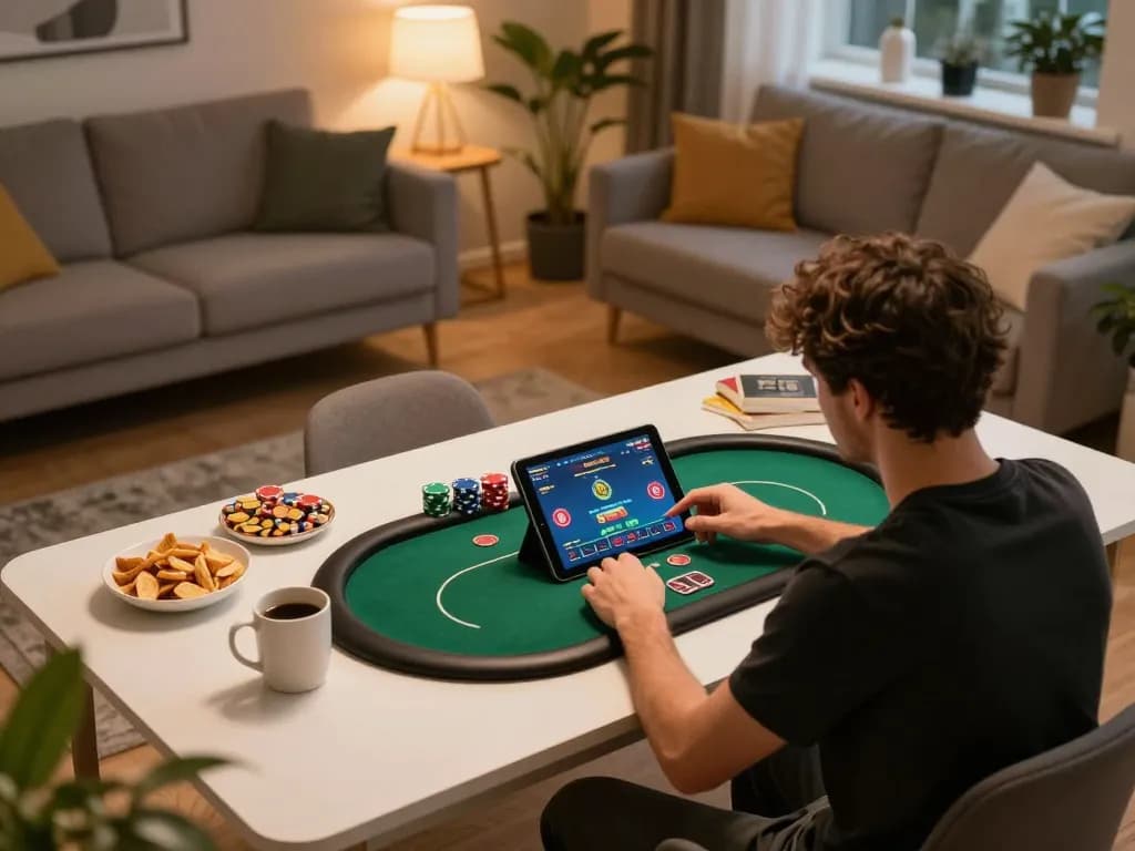 Person engaged in online poker game on tablet, contemplating if qq88 lừa đảo không ? in cozy home setting.