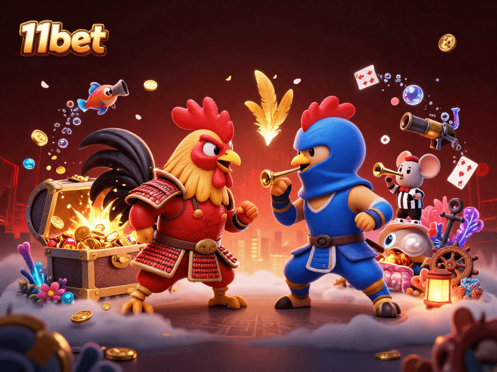 Engage in exhilarating cockfighting action with 11bet's 3D cartoon illustration featuring colorful roosters.