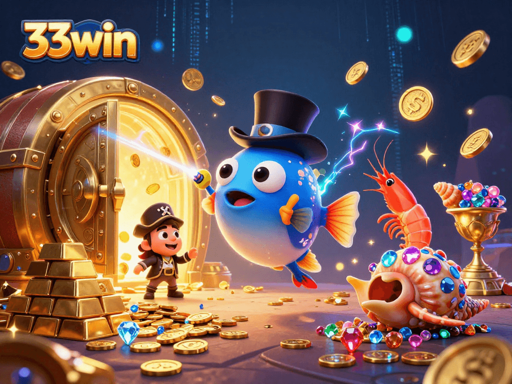 Attract golden coins with 33win in a vibrant underwater casino scene featuring dynamic characters and treasures.