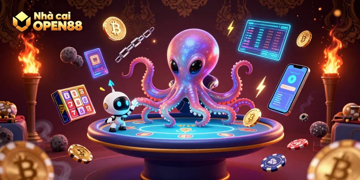 Engage with Nhà cái OPEN88 in a vibrant 3D casino universe, featuring animated characters and crypto gaming elements.