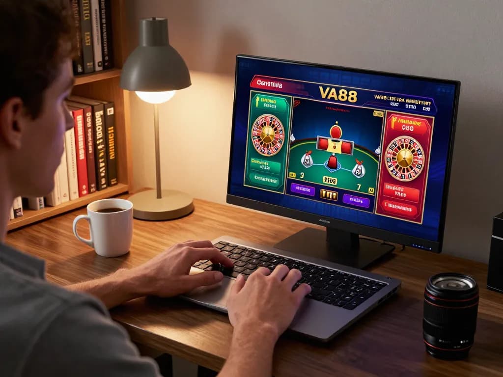 Experience VA88 online casino gaming with an engaging home setup featuring roulette and poker.