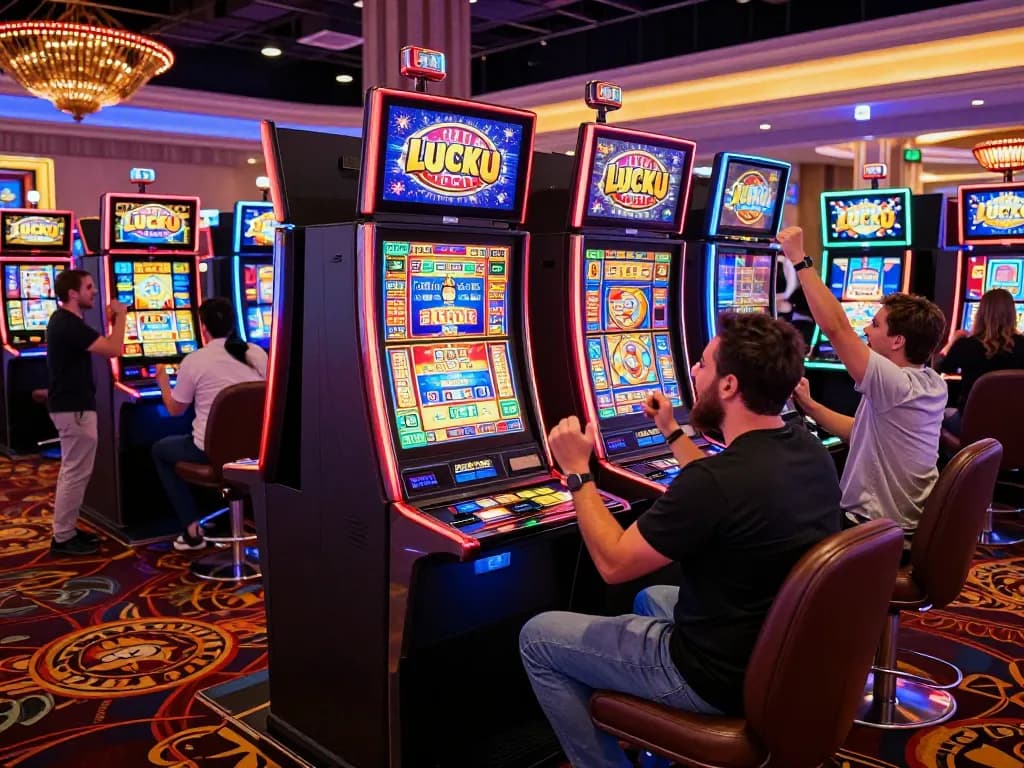 Players enjoying the Lucky 88 slot machine amidst a lively casino atmosphere with cheering and colorful lights.