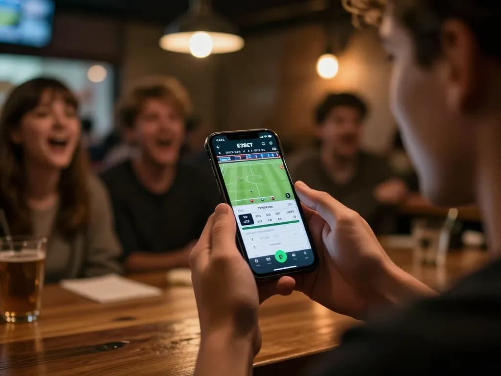 E2BET không chặn - Engaging in live sports betting action with smartphone displaying odds at a sports bar.