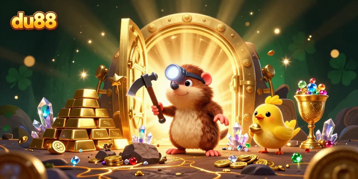 Join du88 in an exciting treasure hunt in a rich 3D casino mining scene filled with gems.