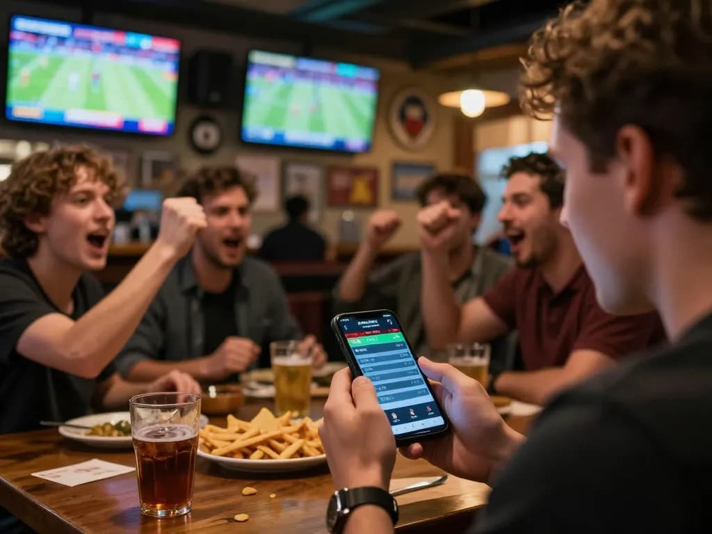 Cheering patrons placing bets, exploring ty le keo nha cai in a lively sports bar atmosphere.