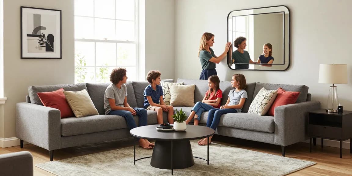 Familie genießt neue Möbel im hellen Wohnzimmer und präsentiert den Möbel Shop Online mit stilvollem Dekor.