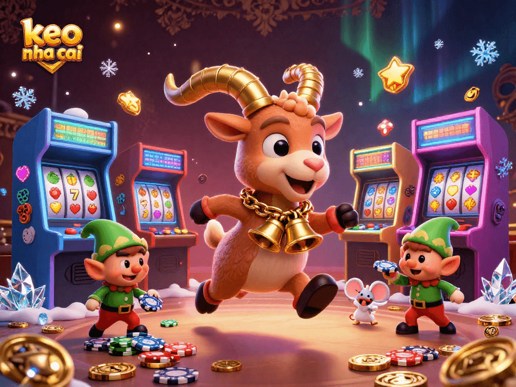 Experience keo nha cai and its festive gaming in a chaotic casino with cartoon characters engaging in fun.