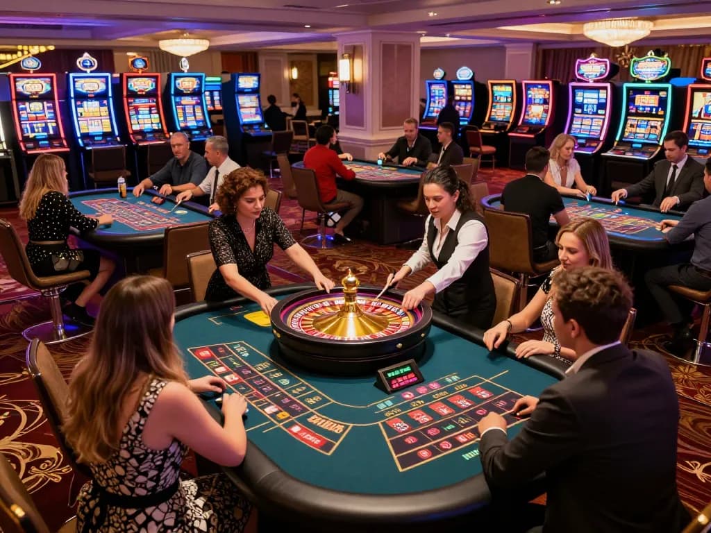 Engaging audience at f168 casino as players intensely focus on spinning roulette wheel amidst lively atmosphere.