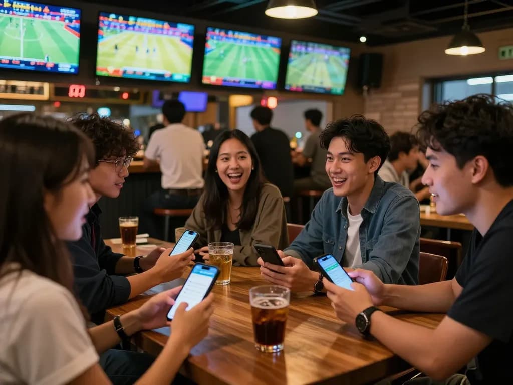 Engaged sports bettors analyzing tỷ lệ kèo nhà cái hôm nay at a lively bar, smartphones in hand, joyfully immersed in games.