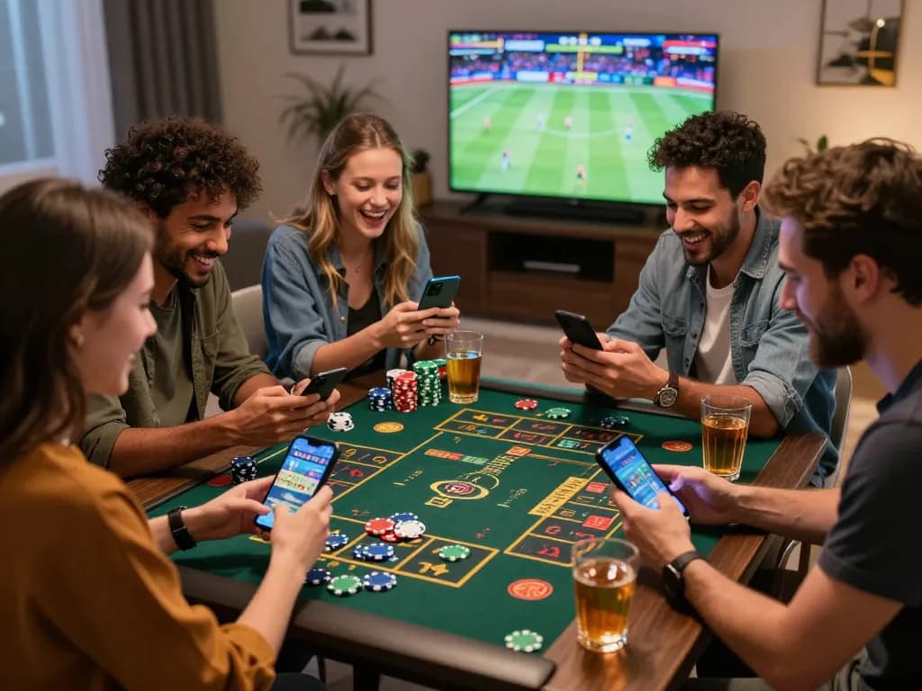 Friends enjoying zbet gaming experience together in a lively living room.