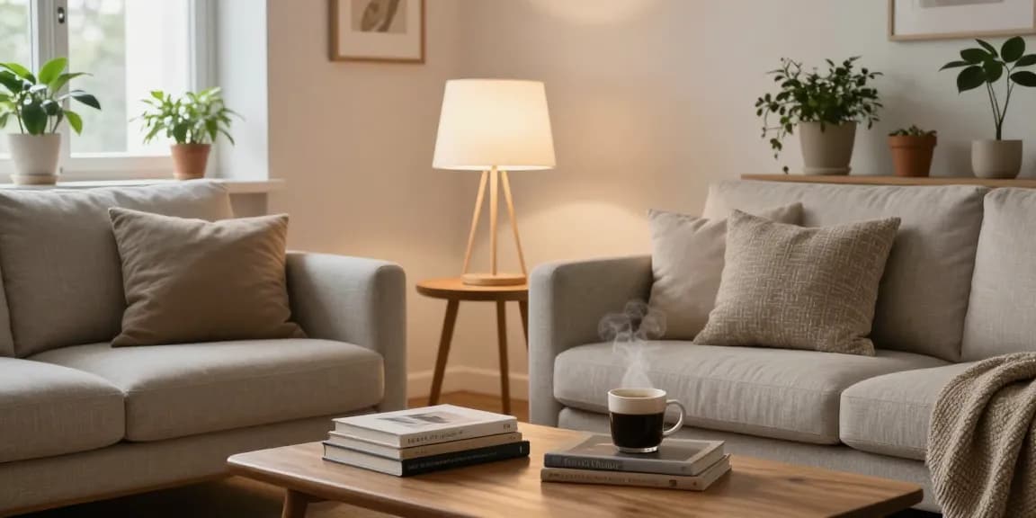 Stilvolle skandinavische Bogenlampen, die ein gemütliches skandinavisches Wohnzimmer beleuchten.
