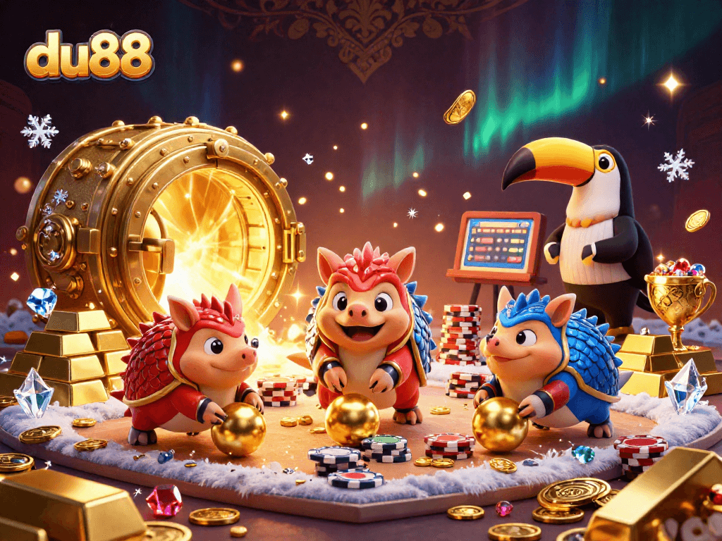 Experience thrilling du88 casino action with playful pangolins amid a vibrant gold-rich scene.