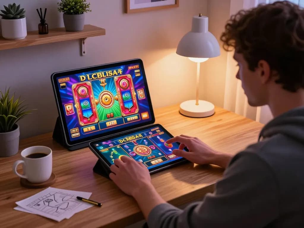 Engaging in RR88 online slots gameplay on a stylish tablet in a cozy home setting.