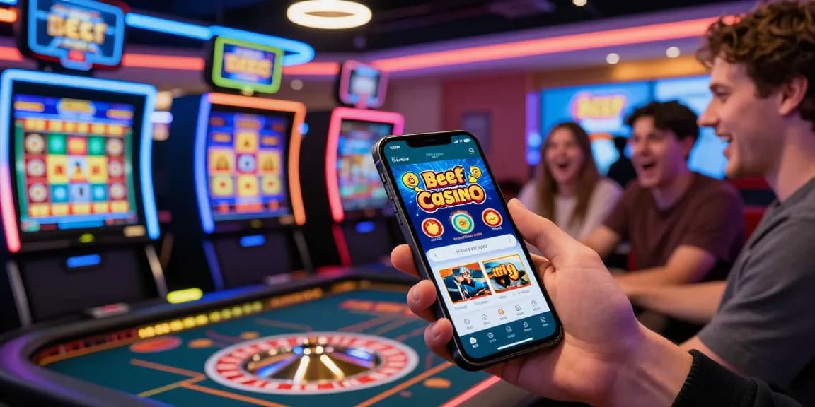 Beef Casino Spieler genießen aufregende Spiele in einer modernen Umgebung mit lebhaften Lichtern.