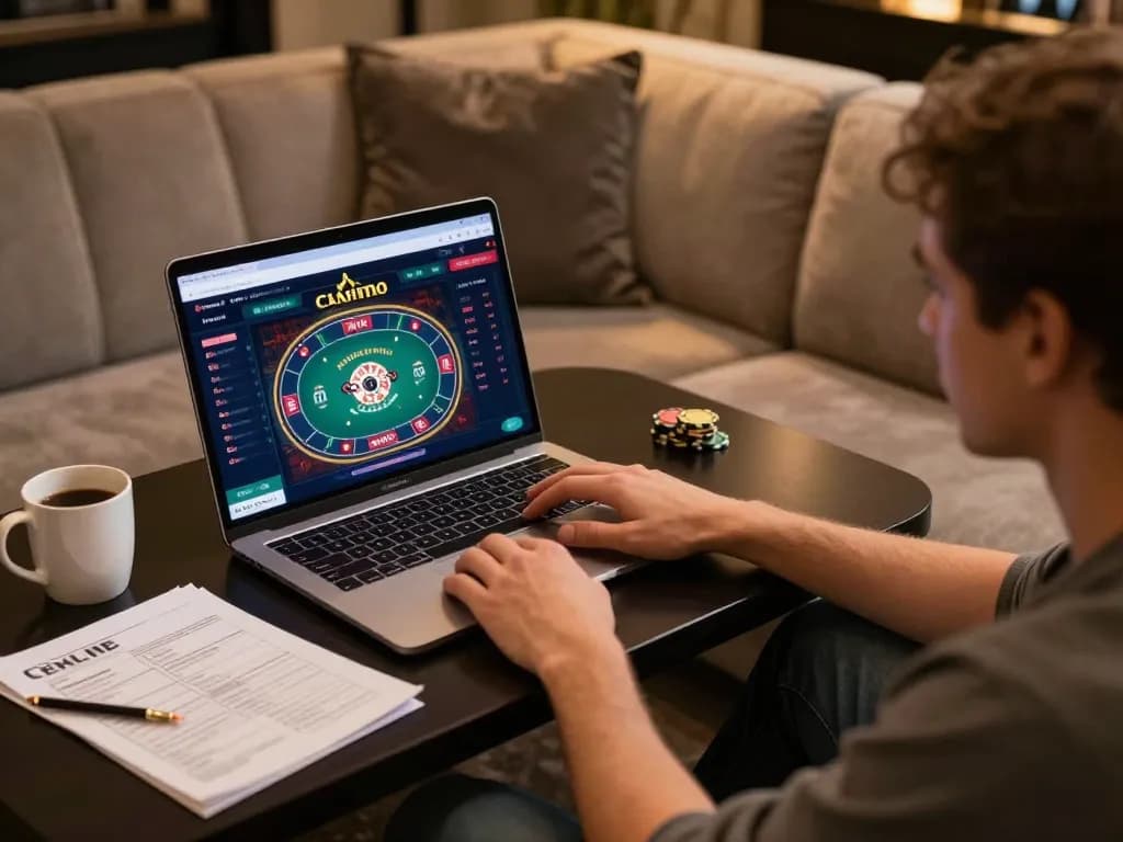 Engaging in online gaming at a cloud-africa casino on a sleek laptop in a cozy setting.