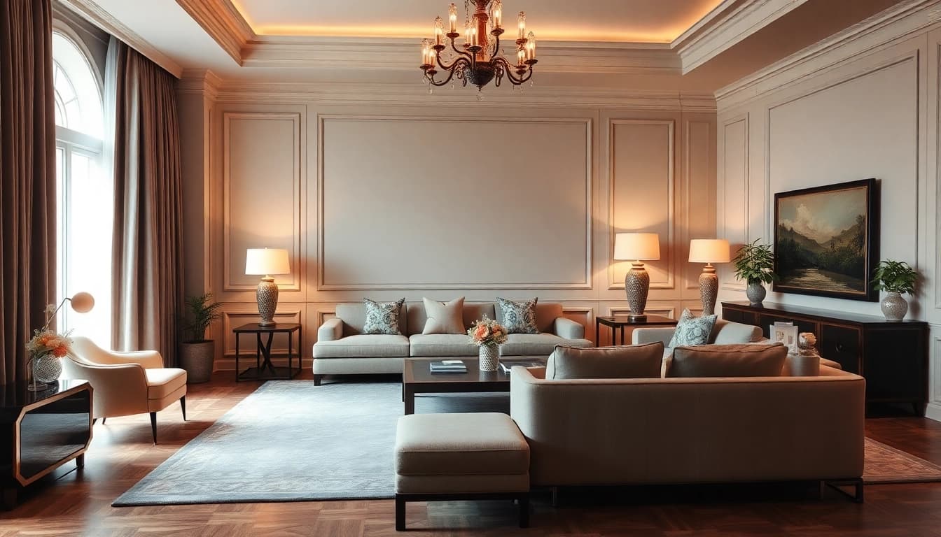 Luxury living room featuring elegant furniture and warm lighting, creating a serene ambiance.