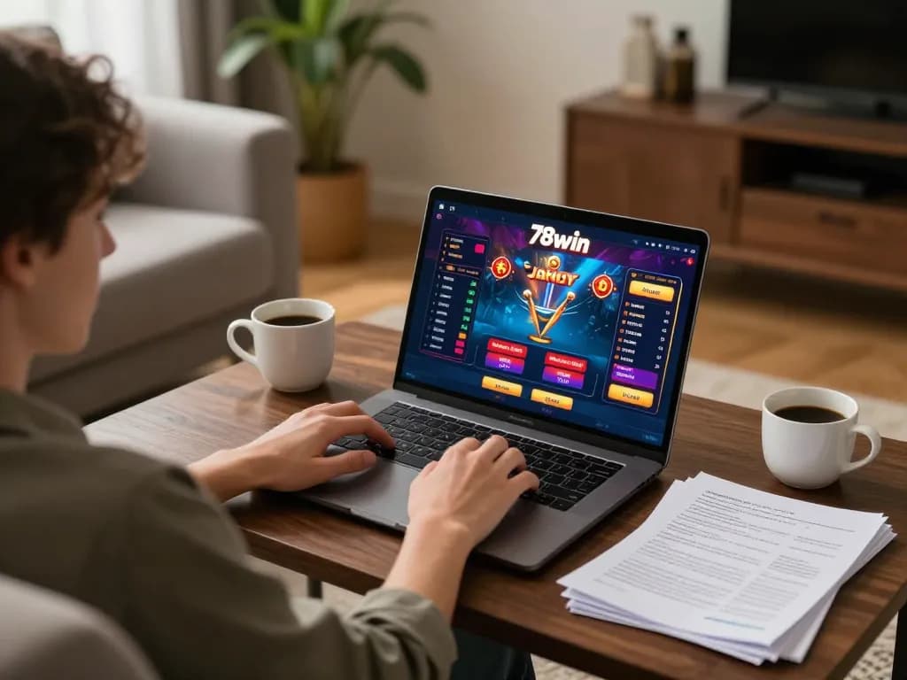 Experience thrilling gaming moments with 78win at home, enjoying your favorite casino games on a laptop.