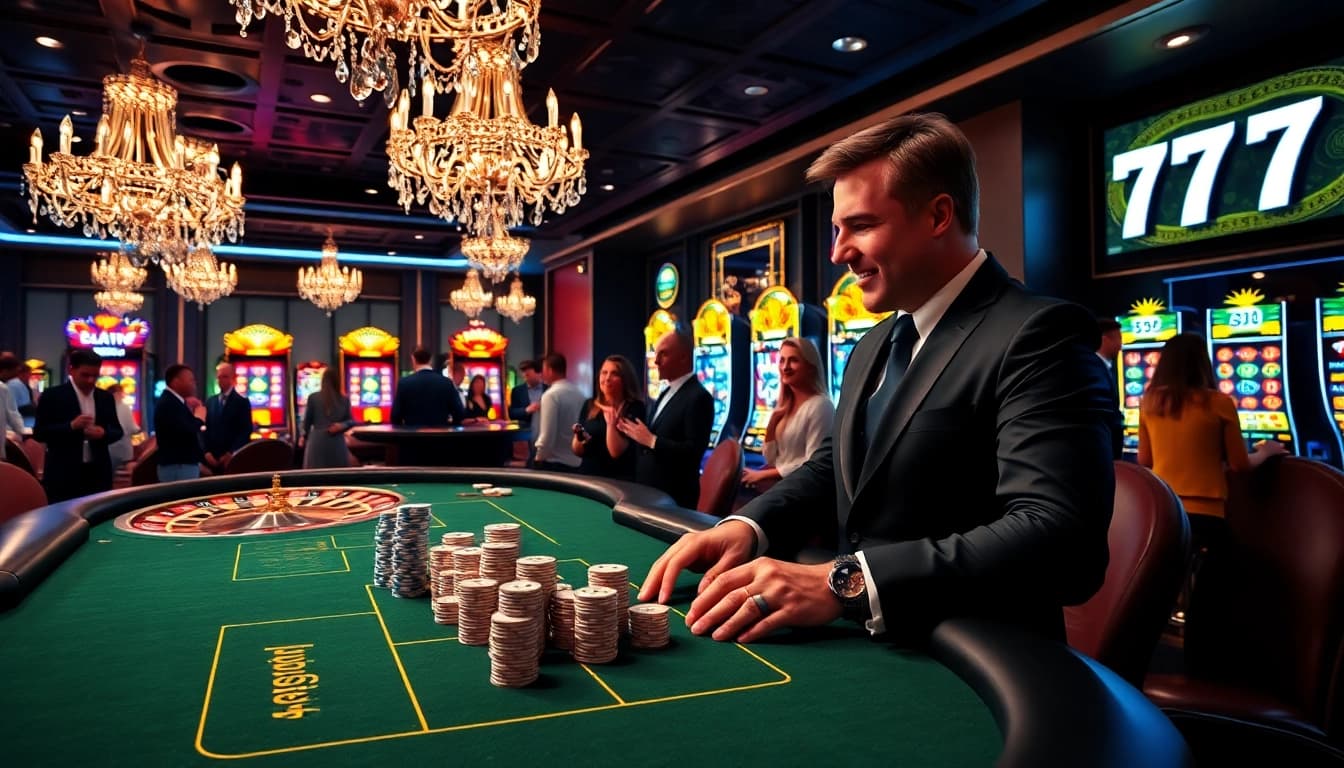 Exciting 777X casino scene with poker players celebrating wins and vibrant slot machines.