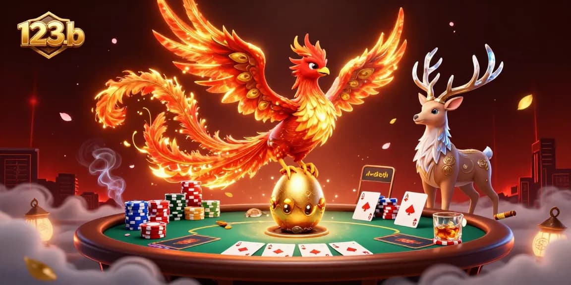 Experience the dynamic gaming atmosphere at 123b with vibrant phoenix and poker elements.
