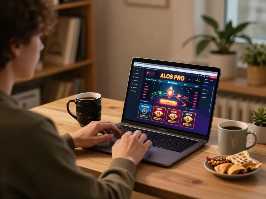 Person using ALO8 PRO online casino interface on a laptop during a relaxed gaming session at home