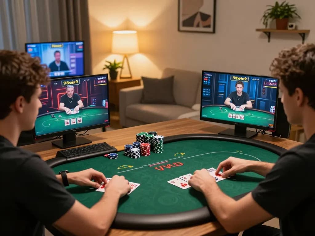 Players enjoying thrilling poker on 98win9 app in cozy home setting